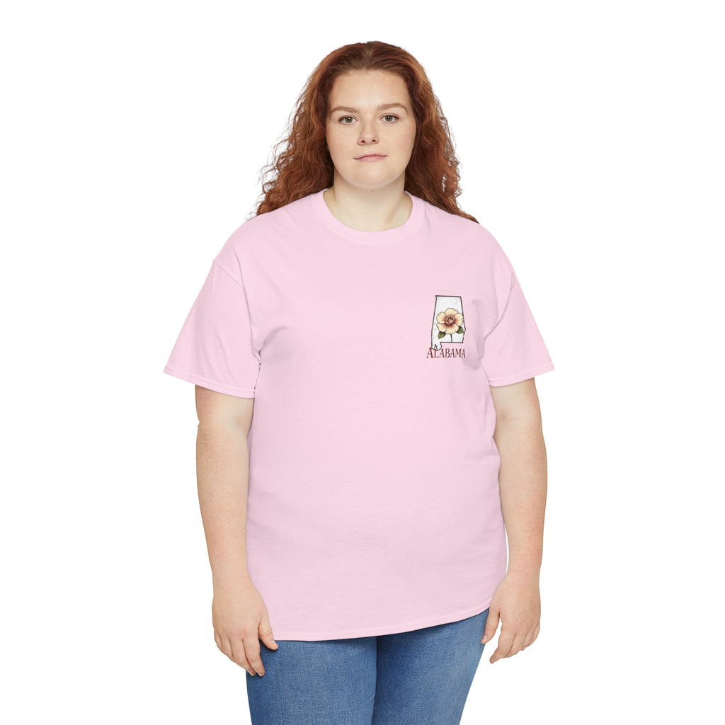Alabama State Tee with Camellia Floral Design — Alabama Outline & State Flower Shirt