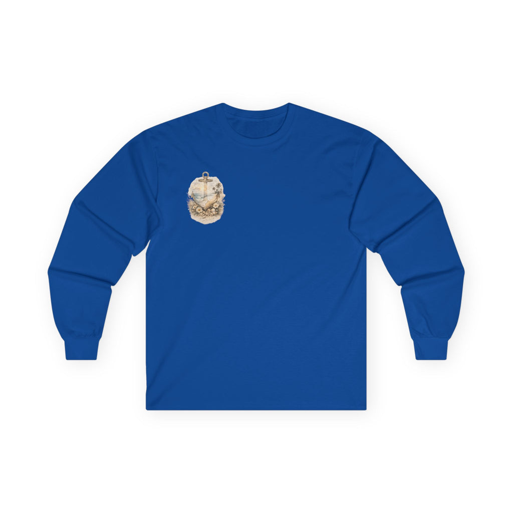 Anchor Beach Scene Long Sleeve Tee — Vintage Nautical Anchor & Sunset Graphic