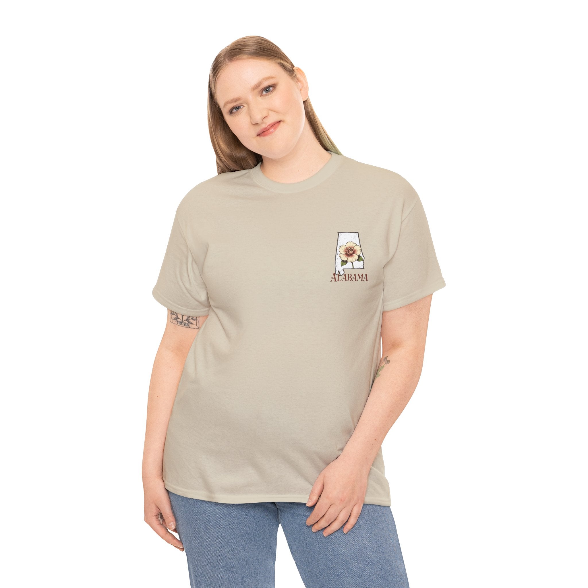 Alabama State Tee with Camellia Floral Design — Alabama Outline & State Flower Shirt