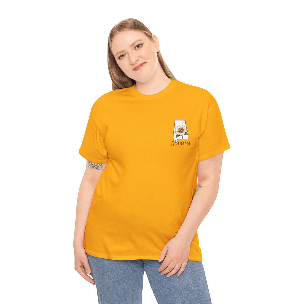 Alabama State Tee with Camellia Floral Design — Alabama Outline & State Flower Shirt
