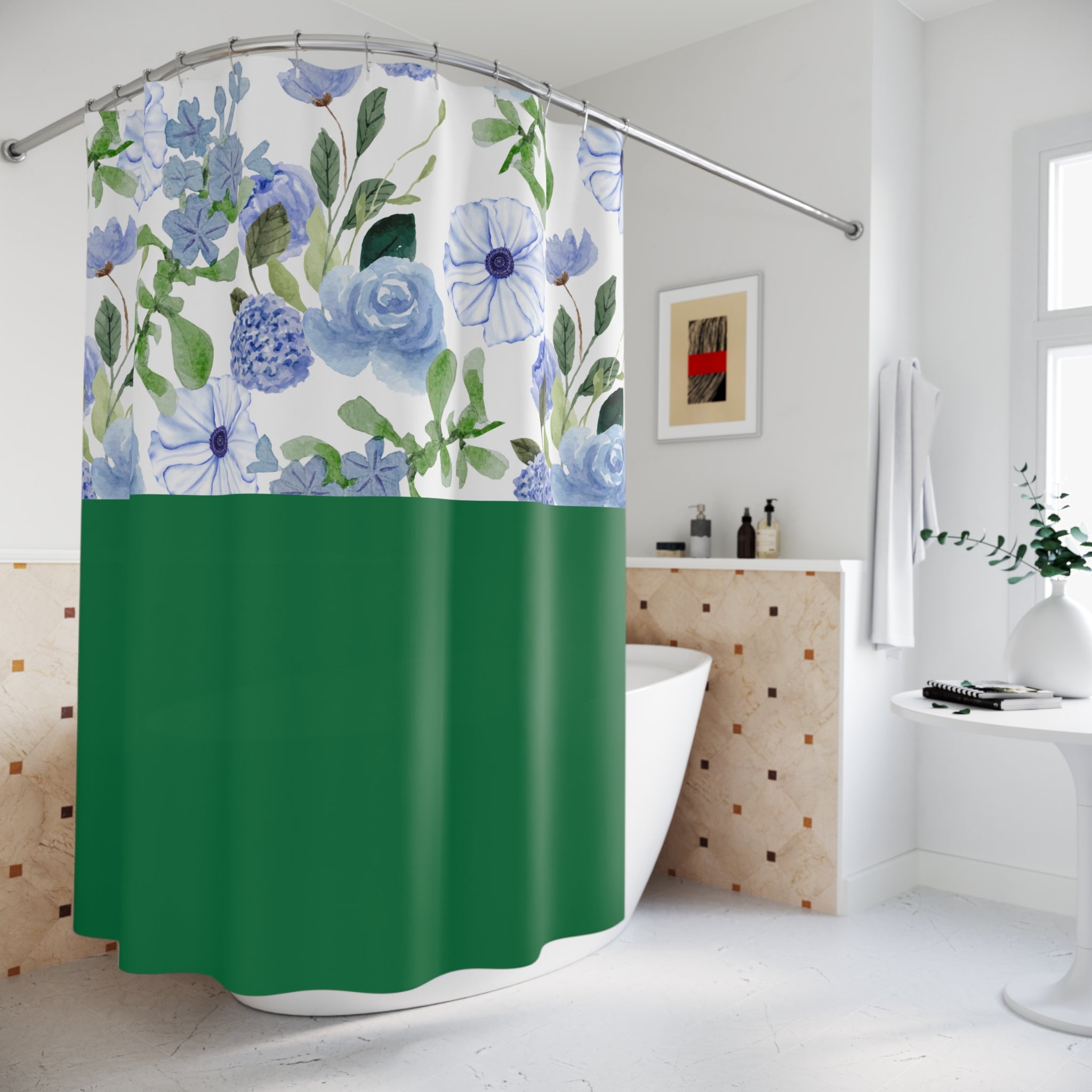 Blue Floral Shower Curtain with Emerald Green Block – Watercolor Roses & Wildflowers