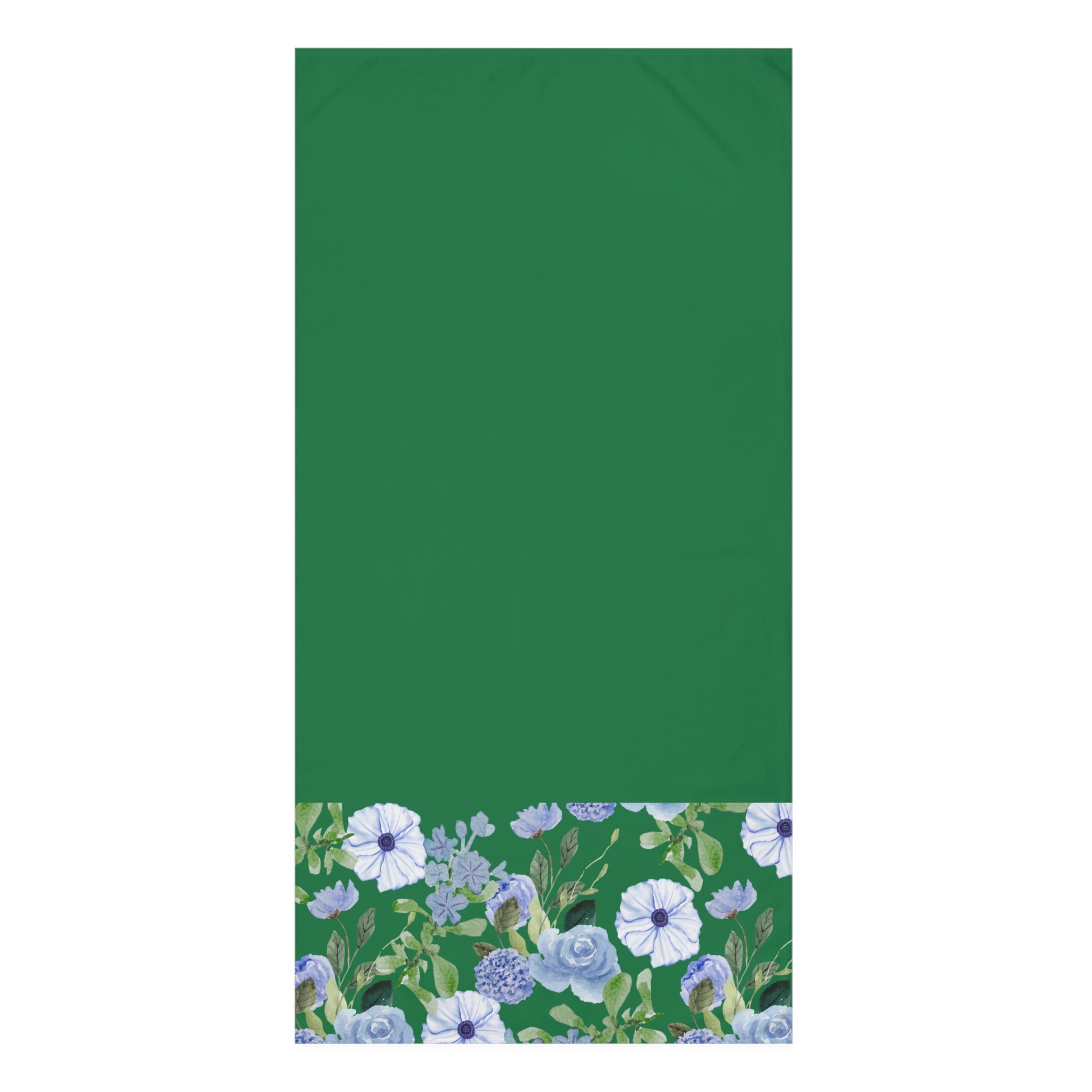 Green Floral Beach Towel — Cotton Mink Blend with Blue & Lavender Bloom Border
