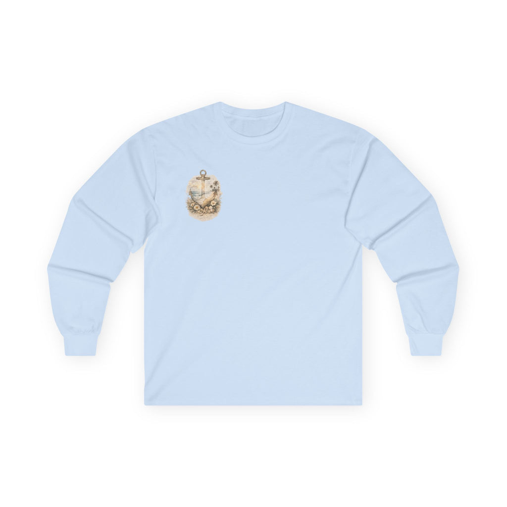 Anchor Beach Scene Long Sleeve Tee — Vintage Nautical Anchor & Sunset Graphic