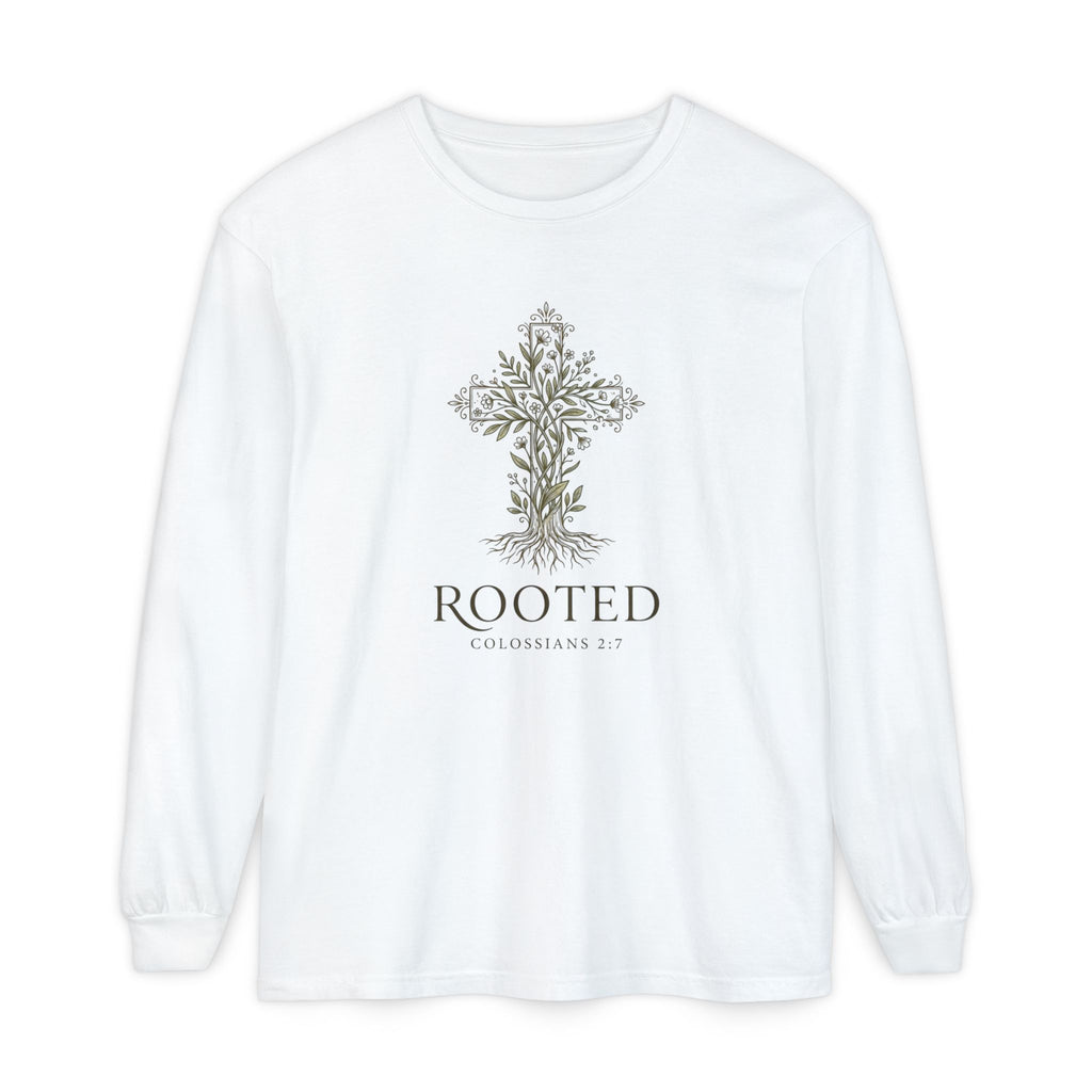 Rooted Cross Long Sleeve Shirt — Rooted Colossians 2:7 Christian Tee