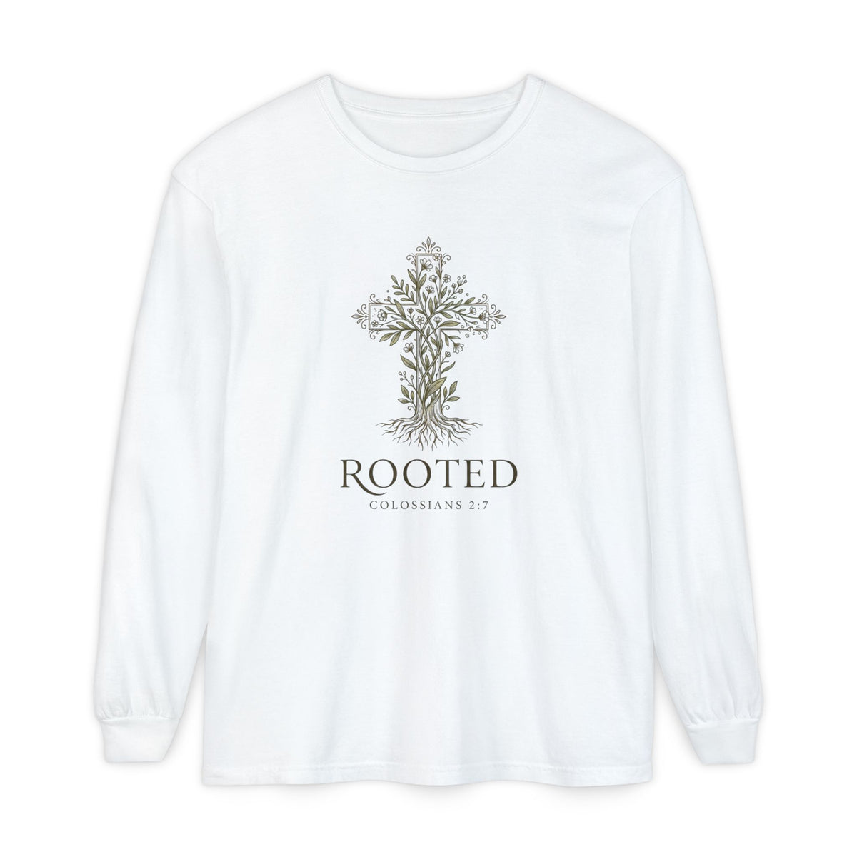 Rooted Cross Long Sleeve Shirt — Rooted Colossians 2:7 Christian Tee