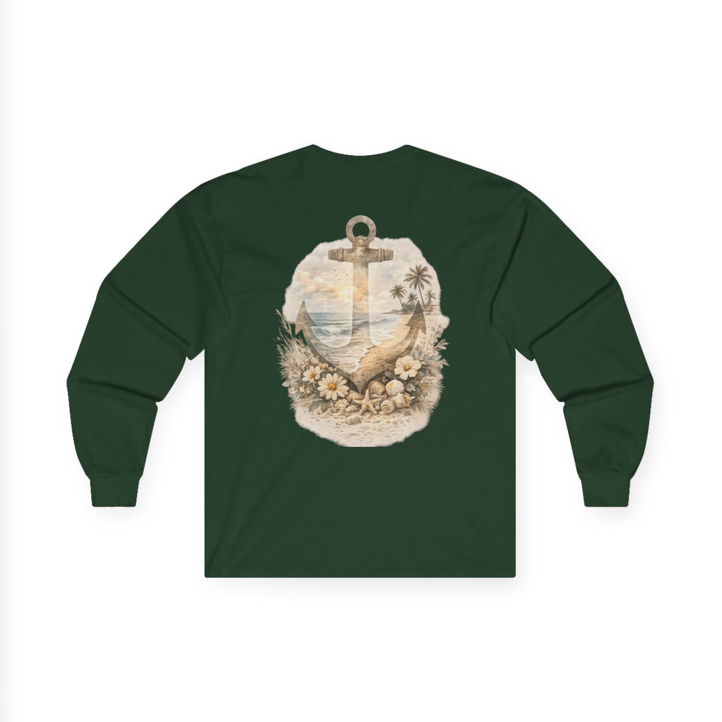 Anchor Beach Scene Long Sleeve Tee — Vintage Nautical Anchor & Sunset Graphic
