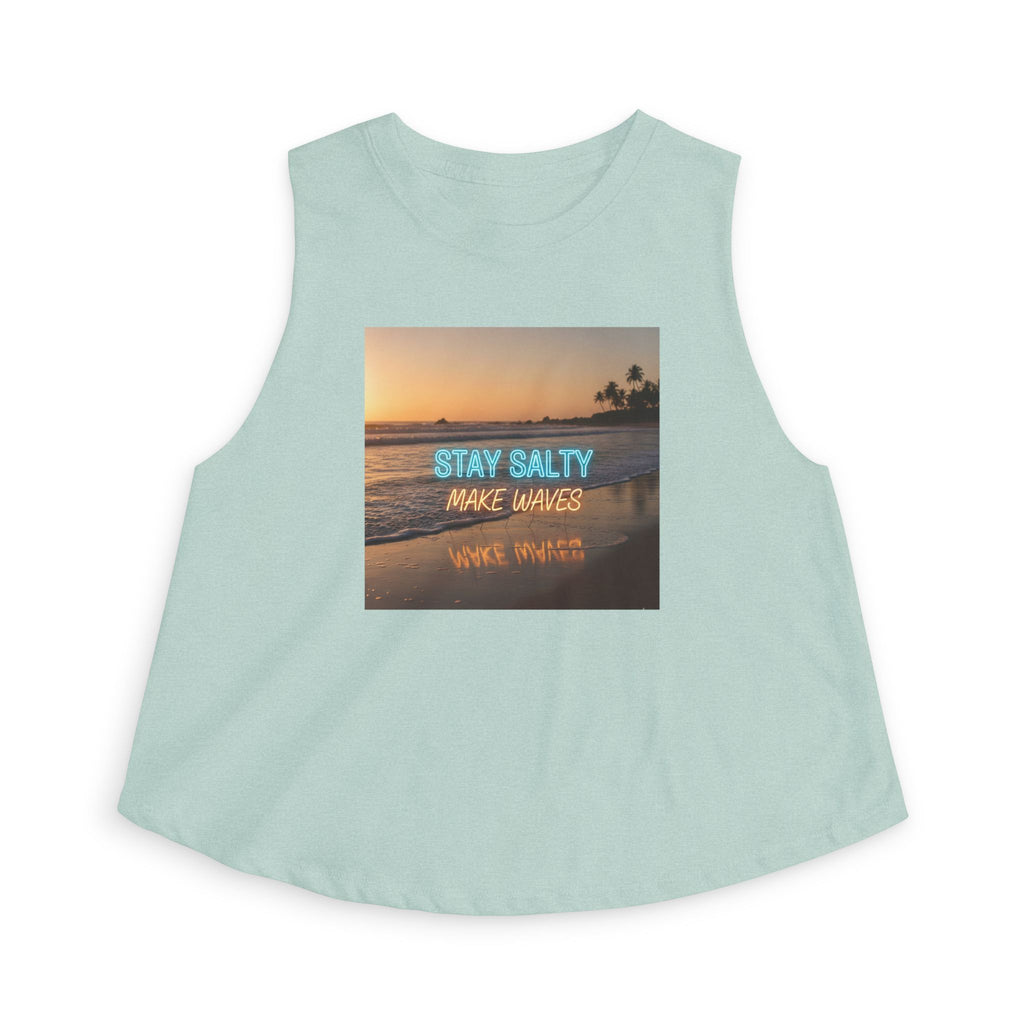 Stay Salty Crop Top — Beach Sunset Tank with "Stay Salty Make Waves" Graphic