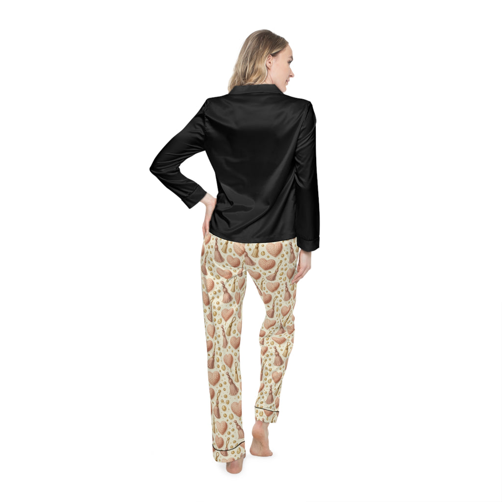 Satin Pajama Set – Heart Cookie Print Lounge PJs for Women