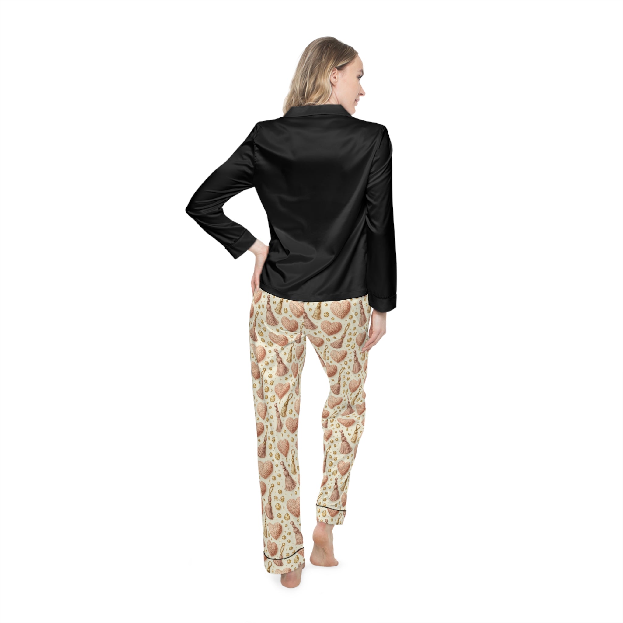 Satin Pajama Set – Heart Cookie Print Lounge PJs for Women