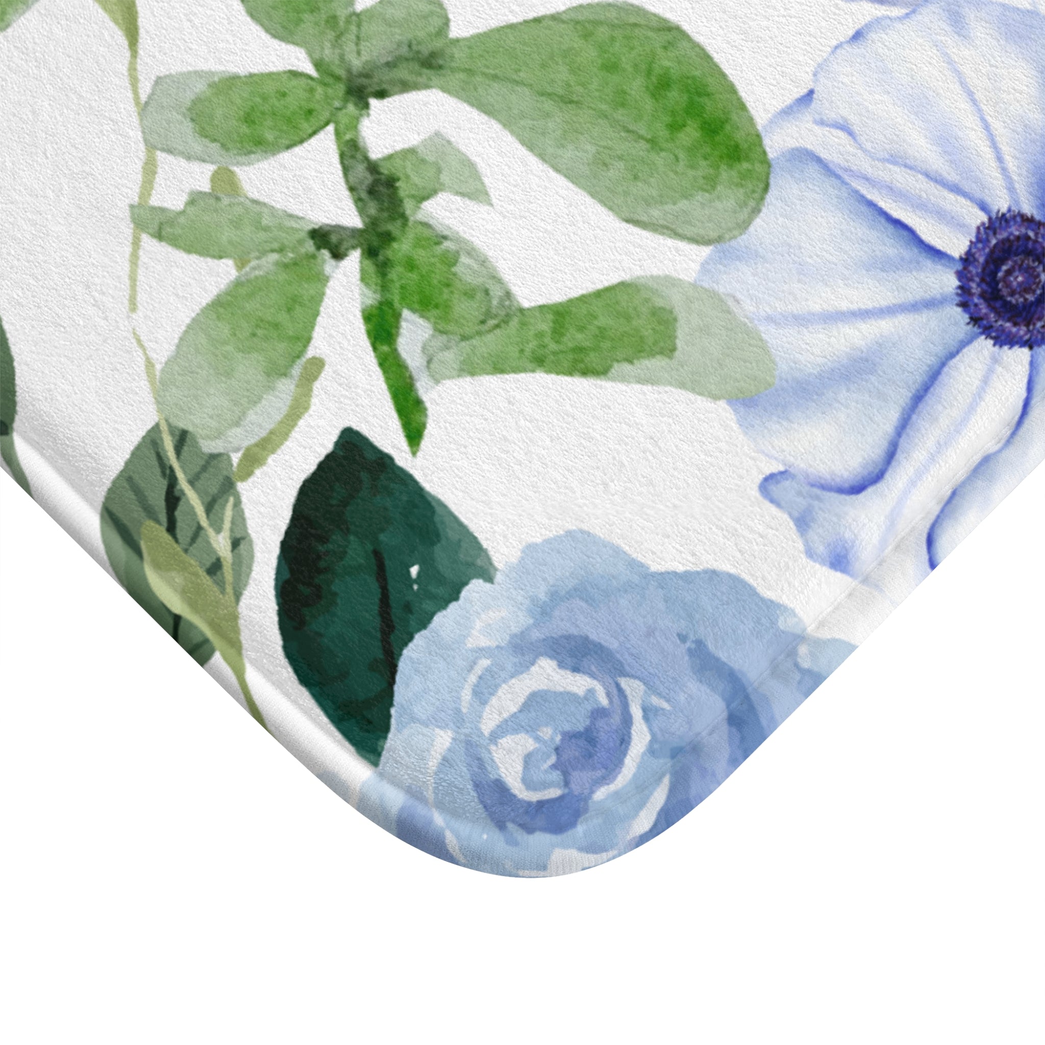 Blue Watercolor Floral Bath Mat — Soft Microfiber Bathroom Rug