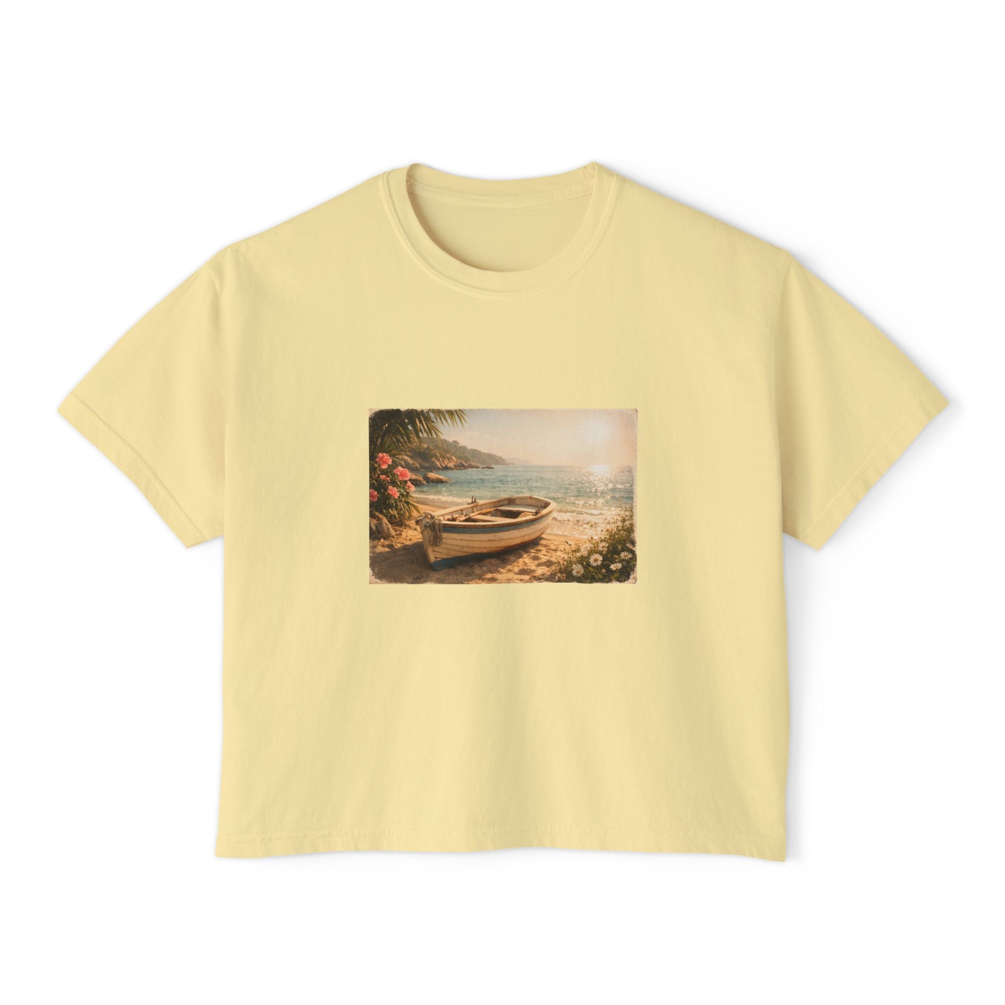 Coastal Sunrise Boat Scene Boxy Tee