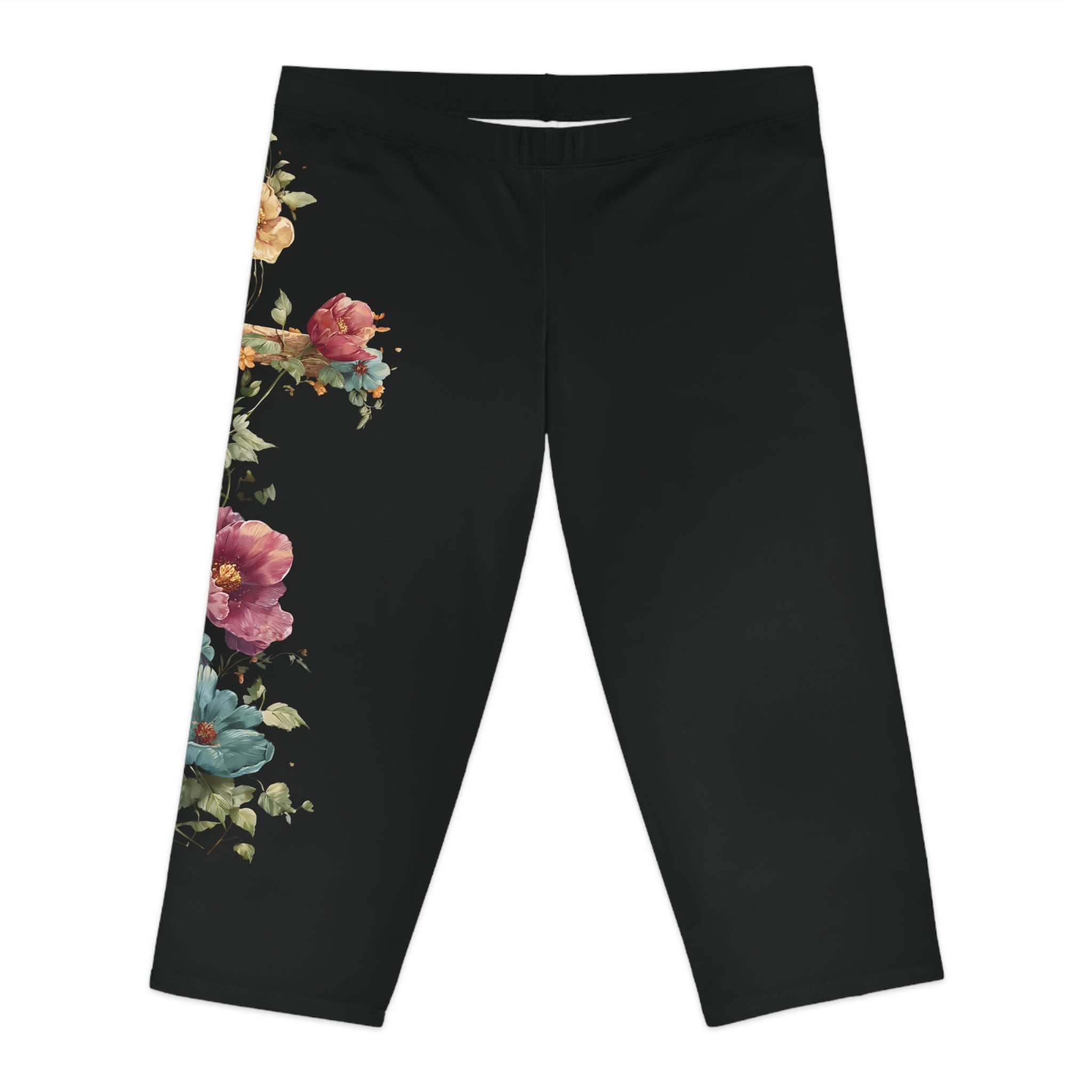 Floral Capri Leggings – Black Vintage Bouquet Print | Women’s Knee-Length Yoga & Workout Leggings