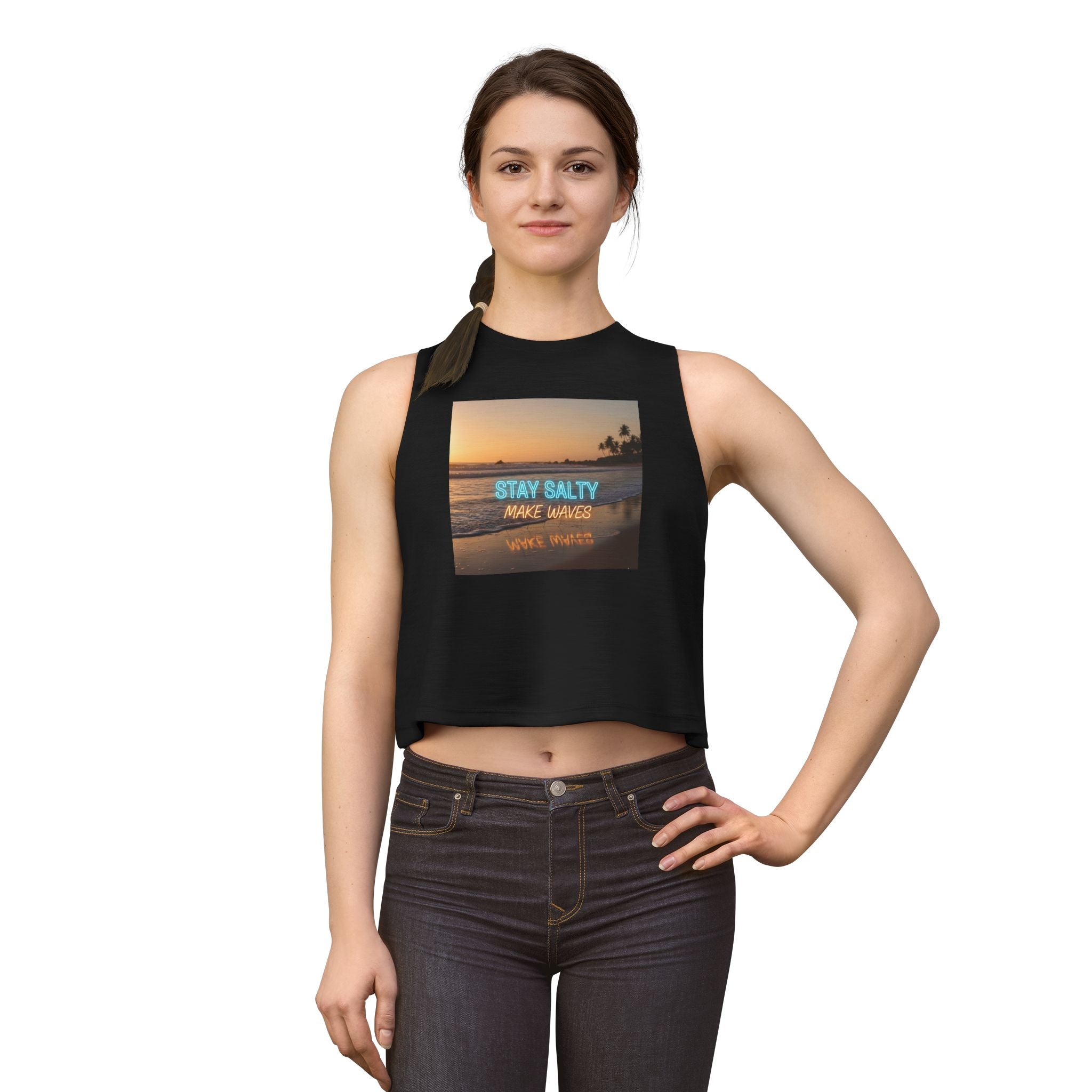 Stay Salty Crop Top — Beach Sunset Tank with "Stay Salty Make Waves" Graphic