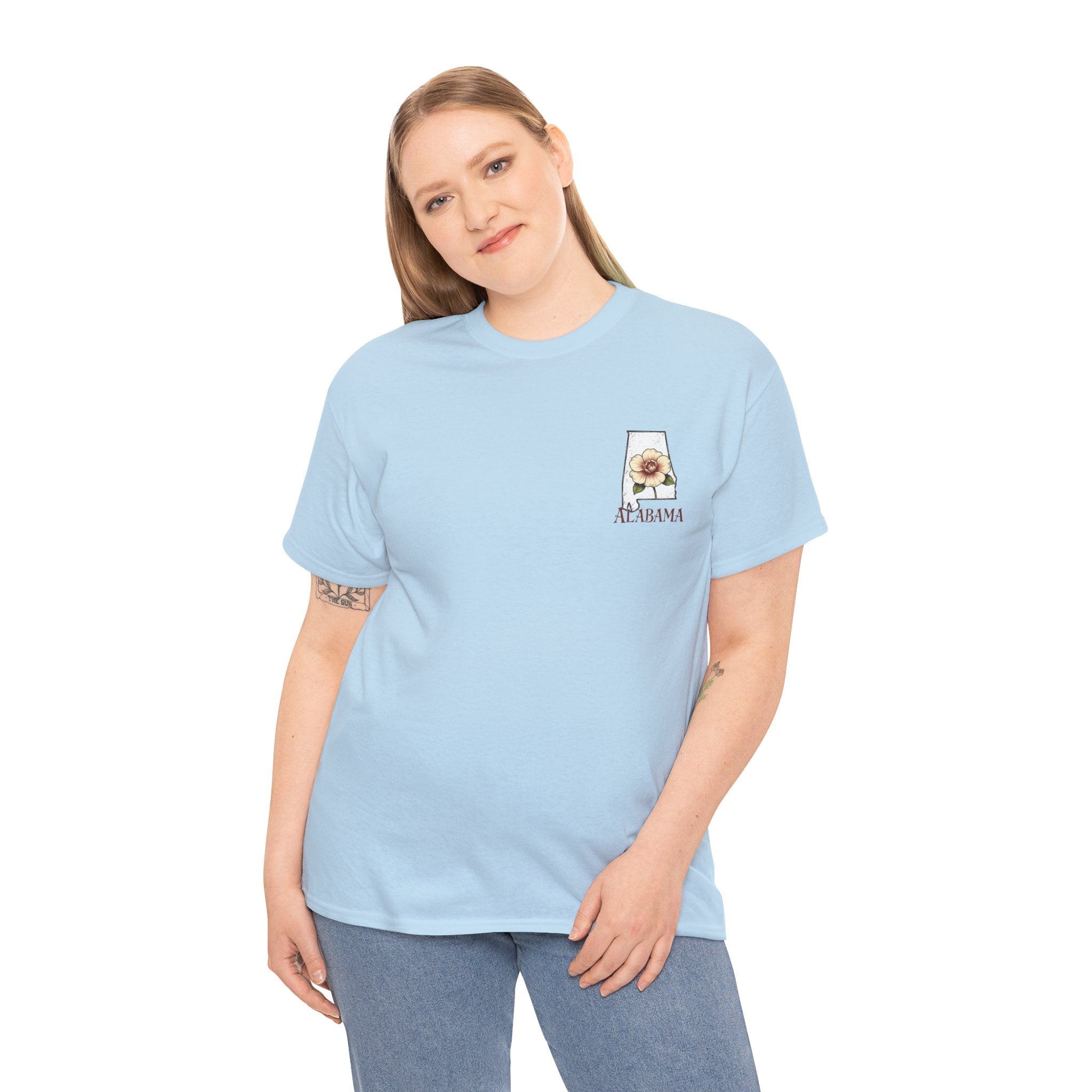 Alabama State Tee with Camellia Floral Design — Alabama Outline & State Flower Shirt