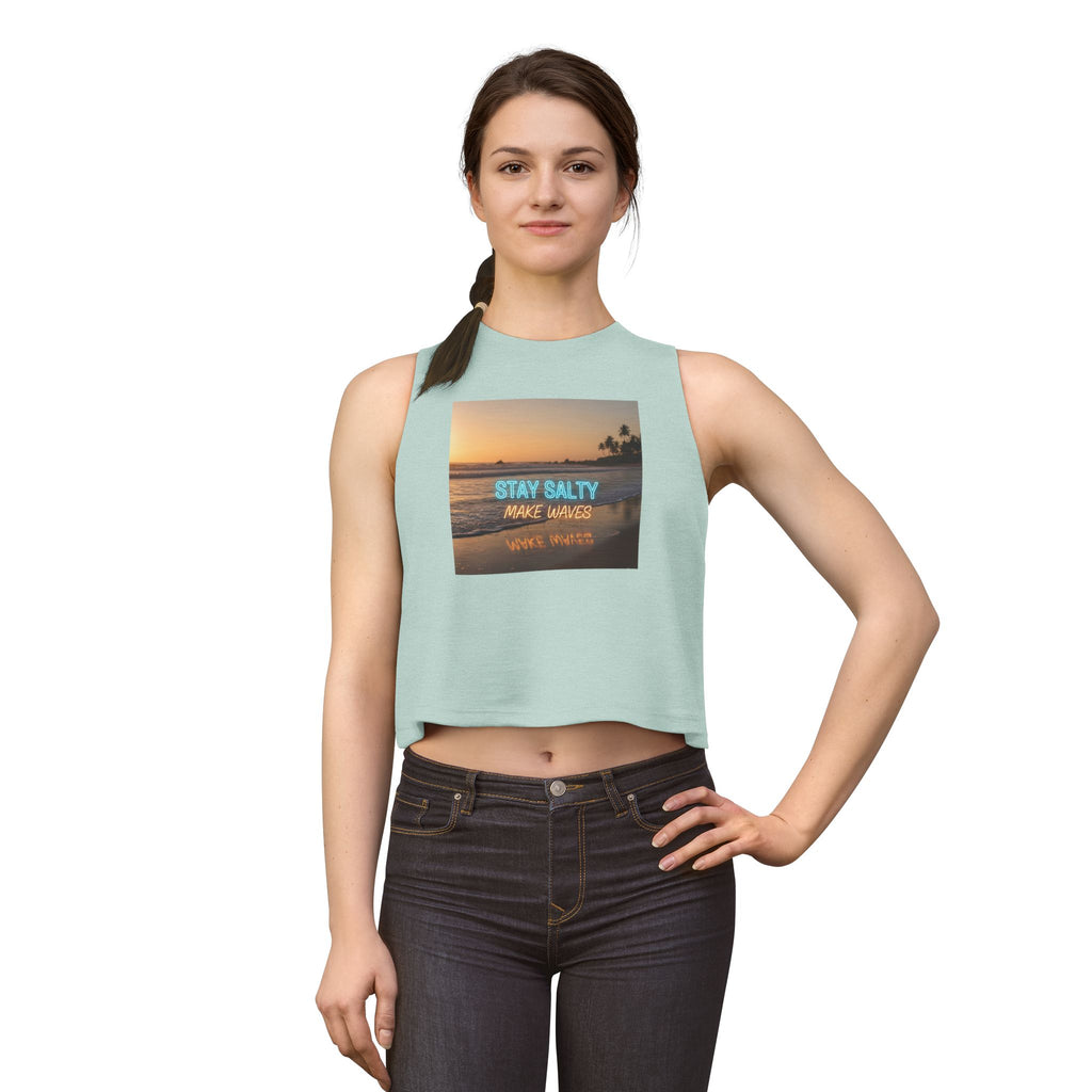 Stay Salty Crop Top — Beach Sunset Tank with "Stay Salty Make Waves" Graphic