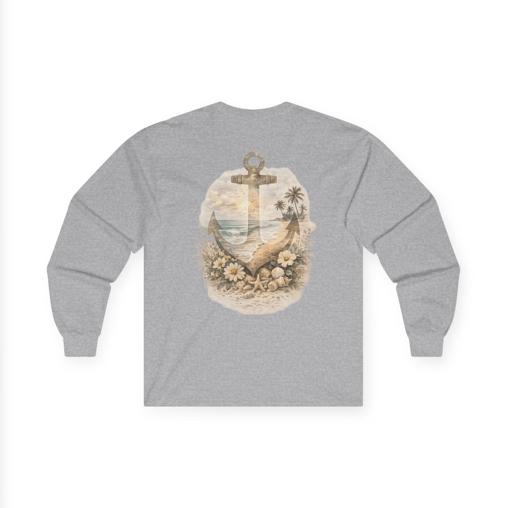 Anchor Beach Scene Long Sleeve Tee — Vintage Nautical Anchor & Sunset Graphic