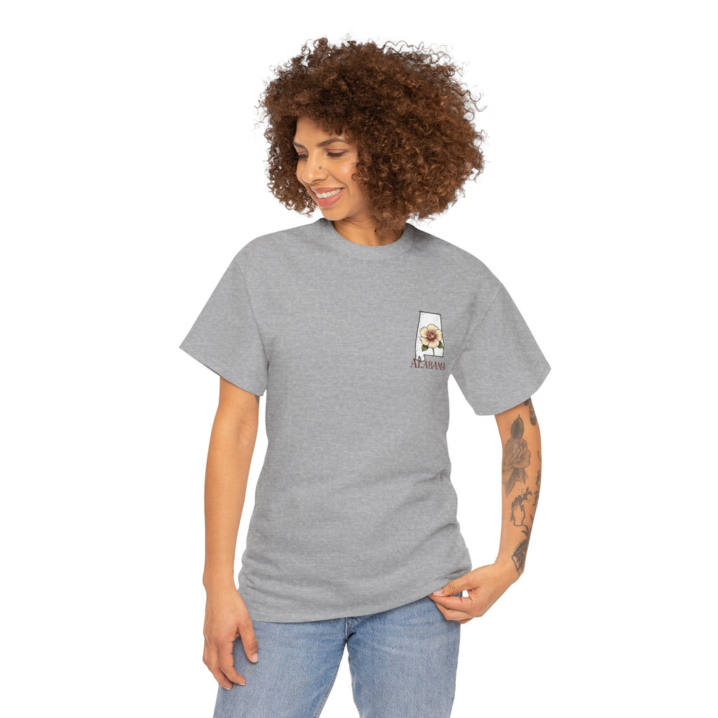 Alabama State Tee with Camellia Floral Design — Alabama Outline & State Flower Shirt