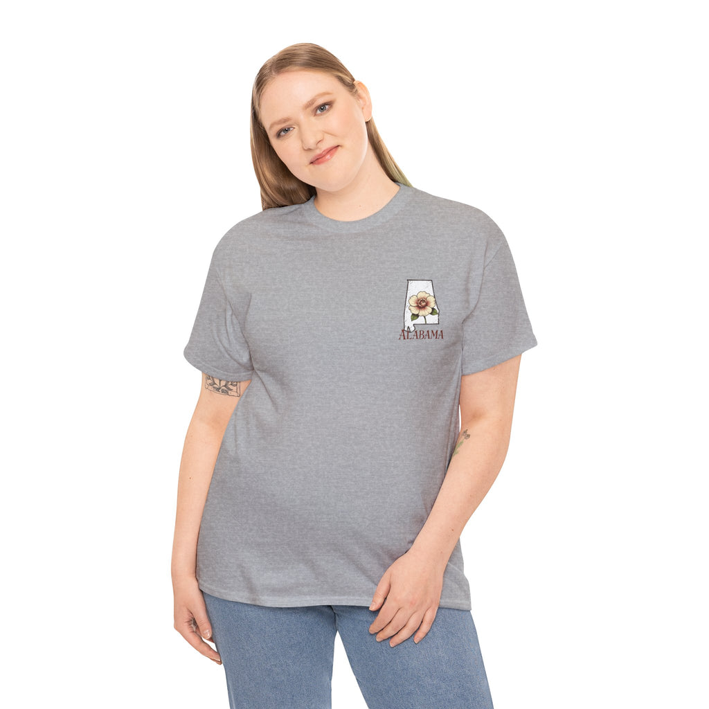 Alabama State Tee with Camellia Floral Design — Alabama Outline & State Flower Shirt