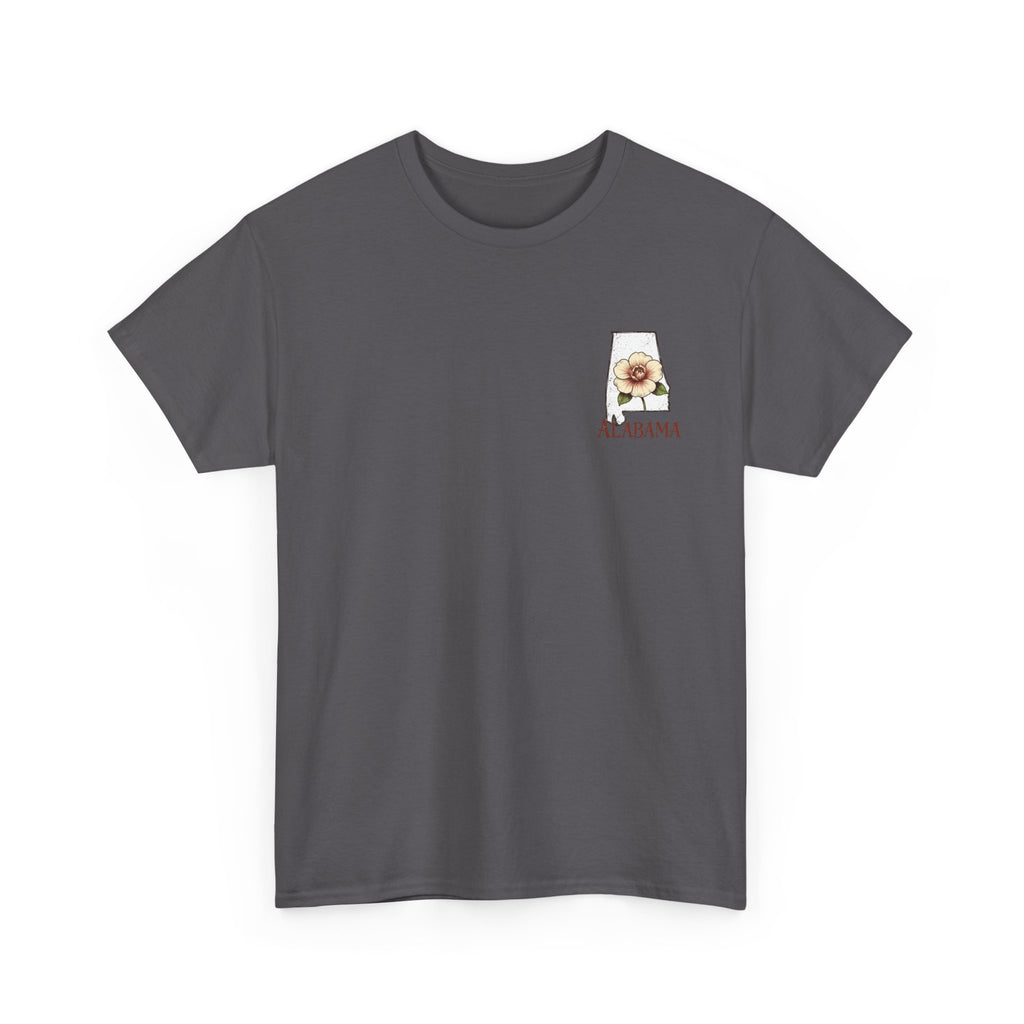 Alabama State Tee with Camellia Floral Design — Alabama Outline & State Flower Shirt