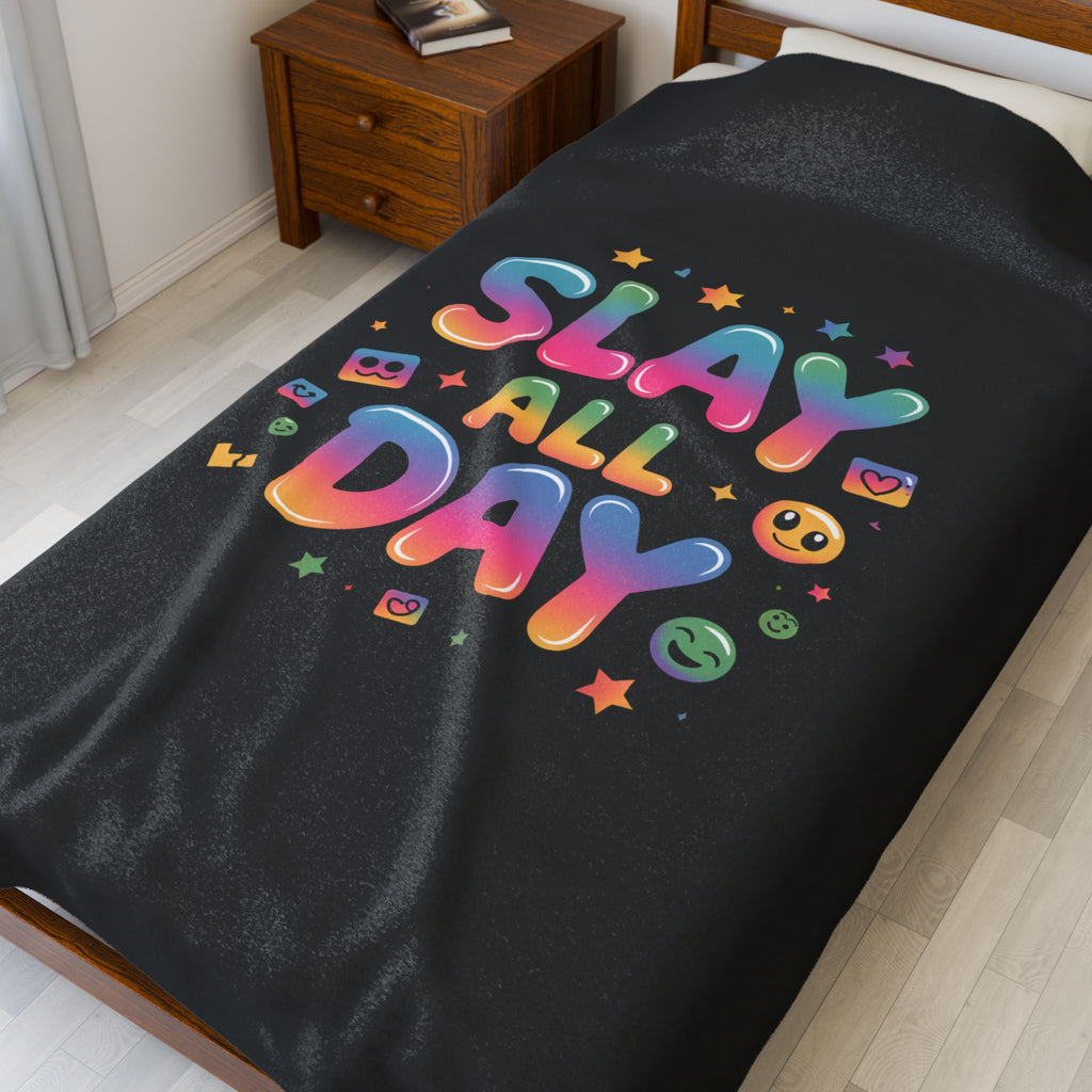 Slay All Day Velveteen Blanket | Gen-Z Slang, Bold Rainbow Text