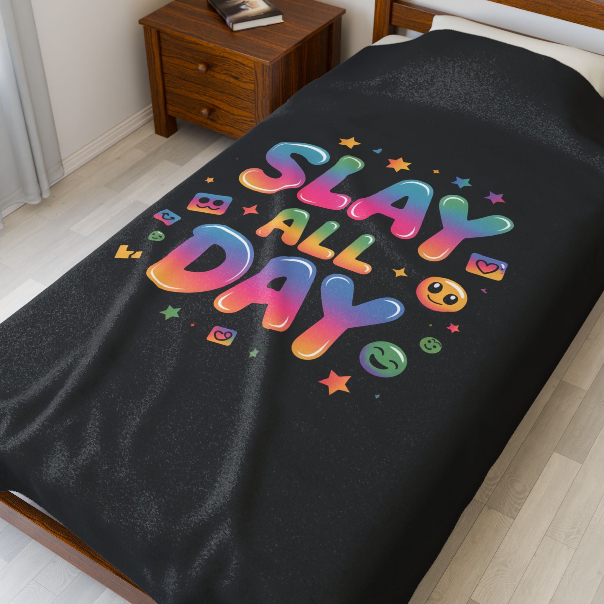 Slay All Day Velveteen Blanket | Gen-Z Slang, Bold Rainbow Text