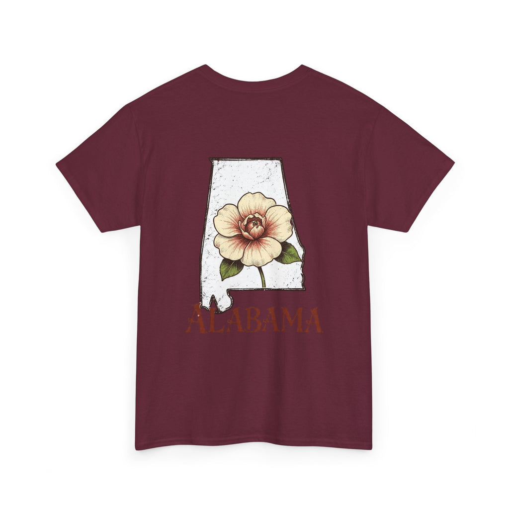 Alabama State Tee with Camellia Floral Design — Alabama Outline & State Flower Shirt