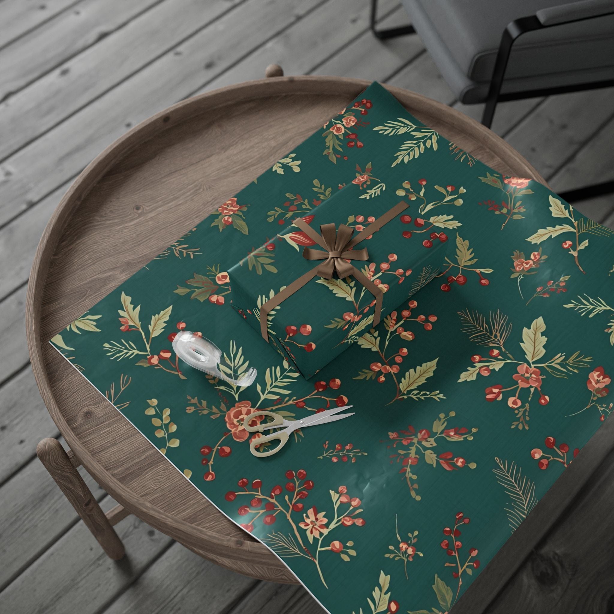 Green Floral Christmas Wrapping Paper