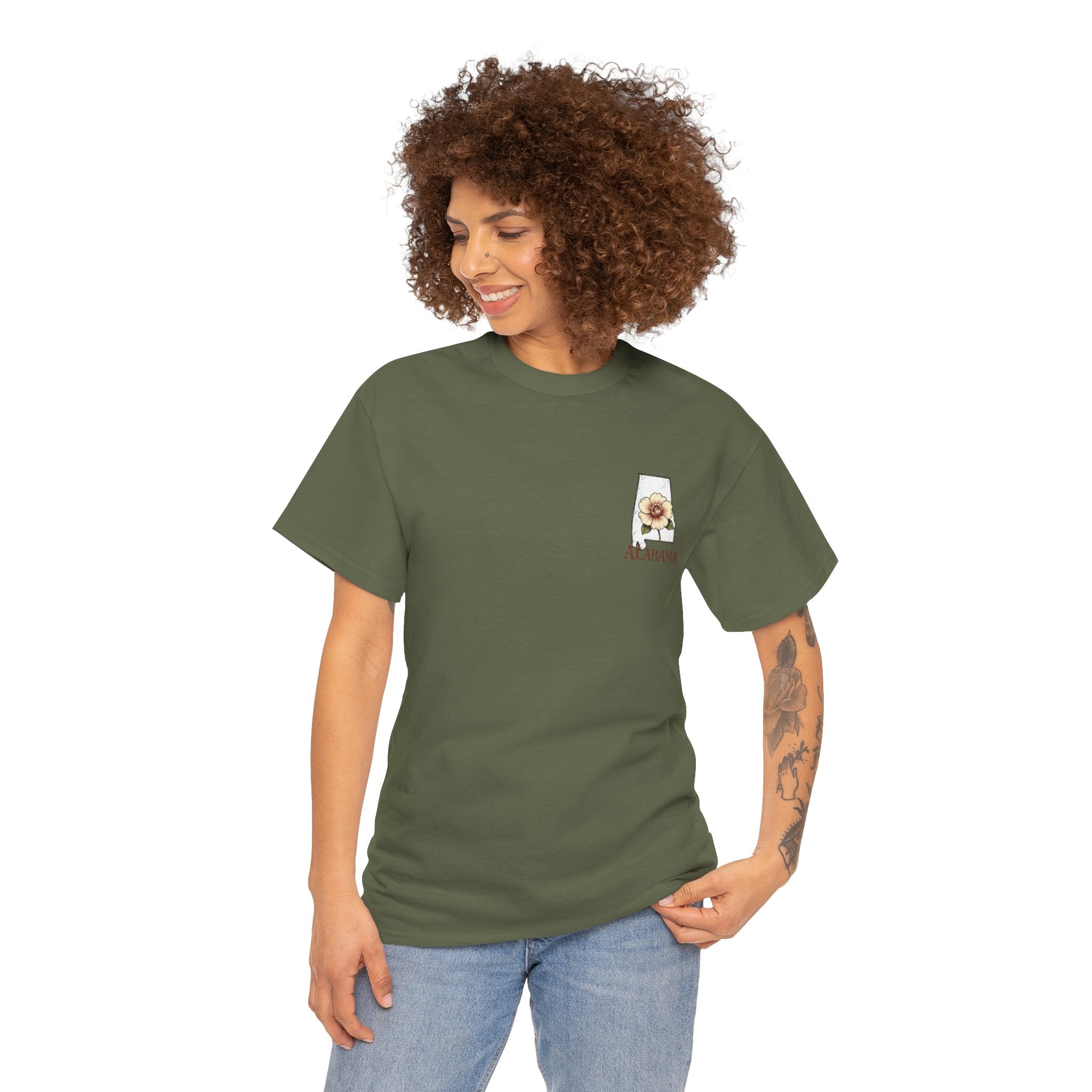 Alabama State Tee with Camellia Floral Design — Alabama Outline & State Flower Shirt