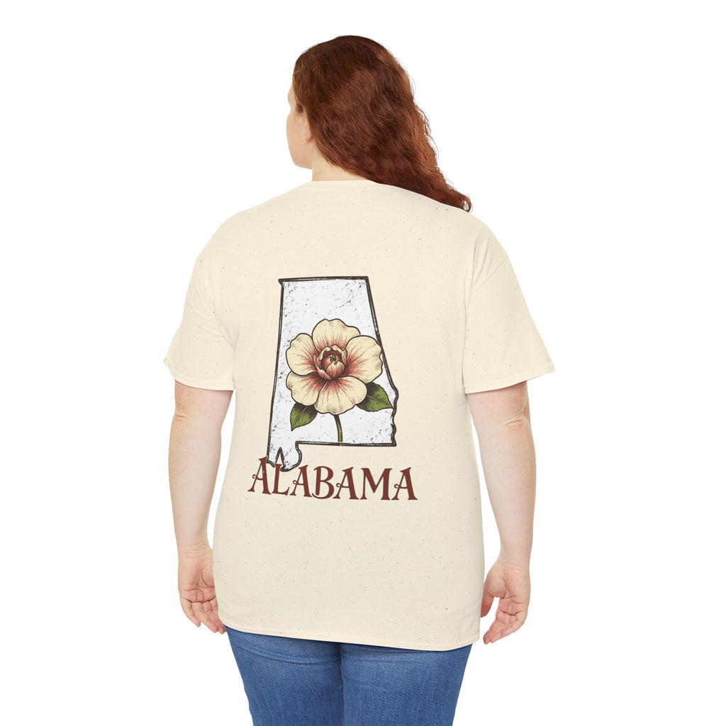 Alabama State Tee with Camellia Floral Design — Alabama Outline & State Flower Shirt
