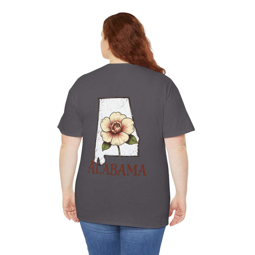 Alabama State Tee with Camellia Floral Design — Alabama Outline & State Flower Shirt