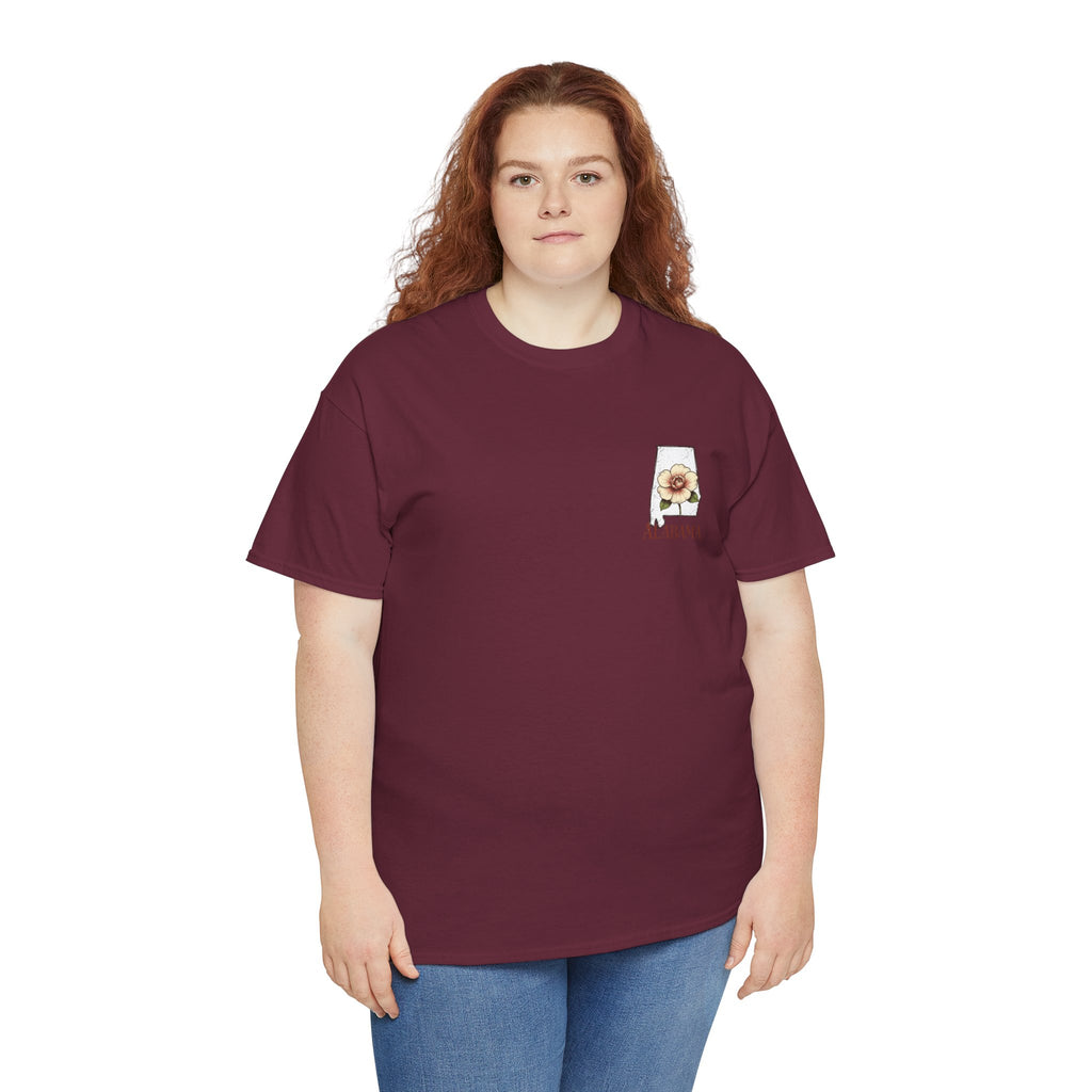 Alabama State Tee with Camellia Floral Design — Alabama Outline & State Flower Shirt