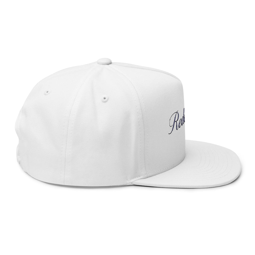 Redeemed Embroidered Flat Bill Cap — White Christian Baseball Hat