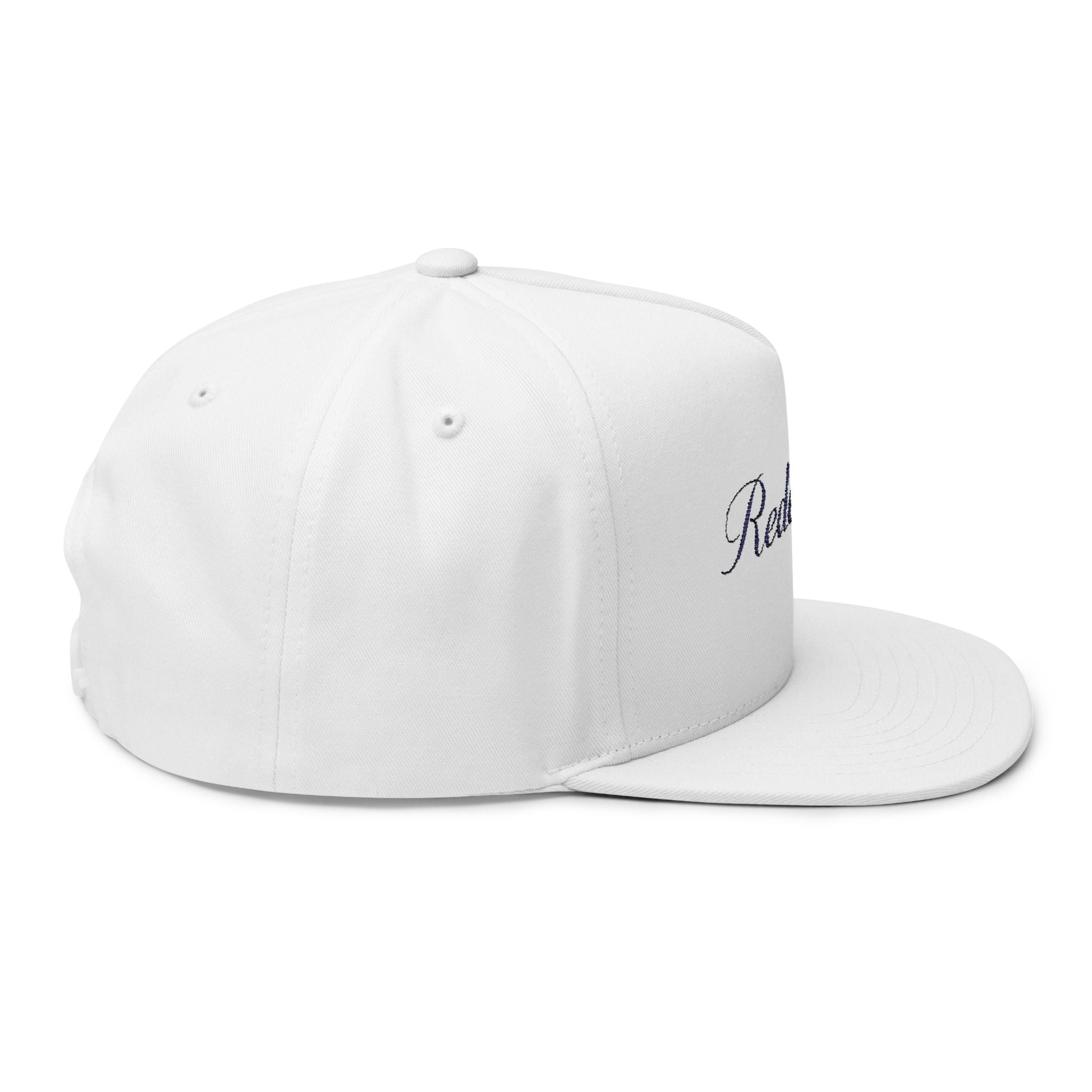Redeemed Embroidered Flat Bill Cap — White Christian Baseball Hat