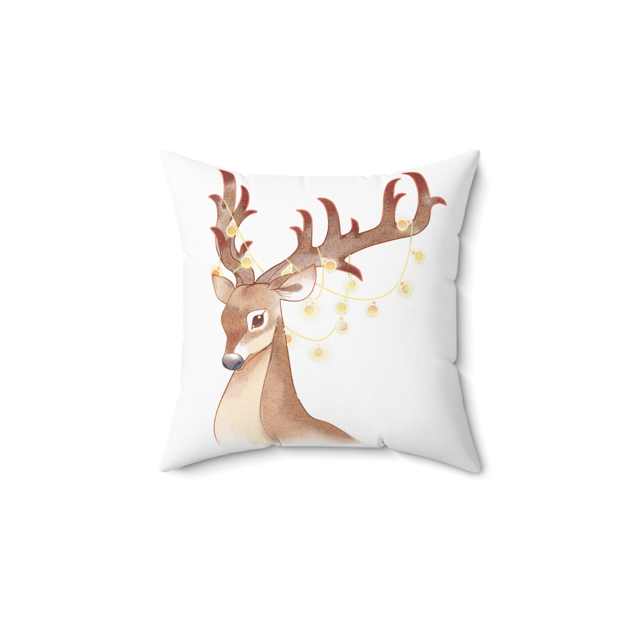 Watercolor Reindeer Pillow — Festive Deer Throw Pillow with String Lights