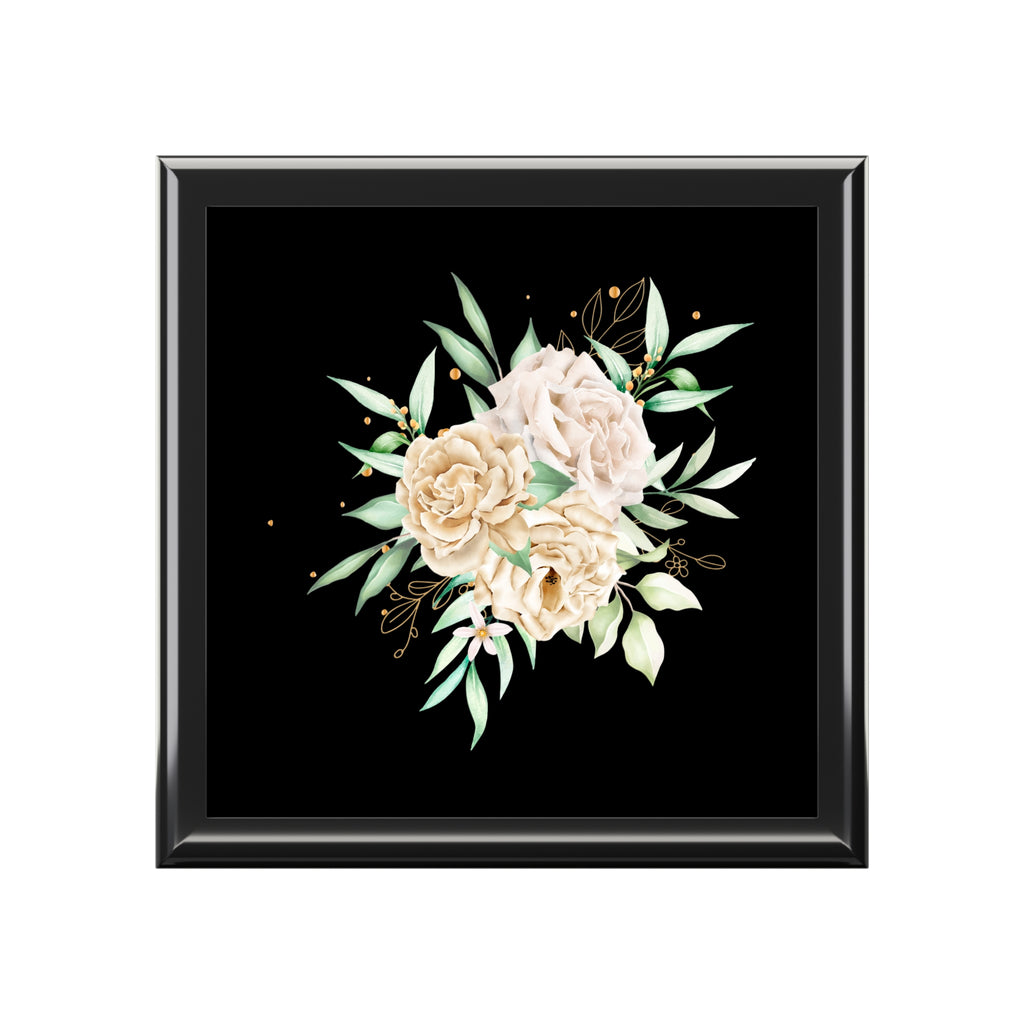 Floral Elegance Jewelry Box — Cream Peony Design on Black