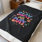 Slay All Day Velveteen Blanket | Gen-Z Slang, Bold Rainbow Text