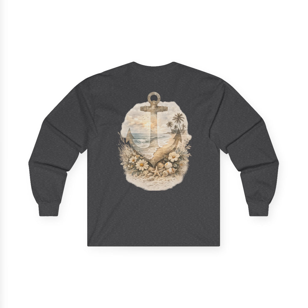 Anchor Beach Scene Long Sleeve Tee — Vintage Nautical Anchor & Sunset Graphic