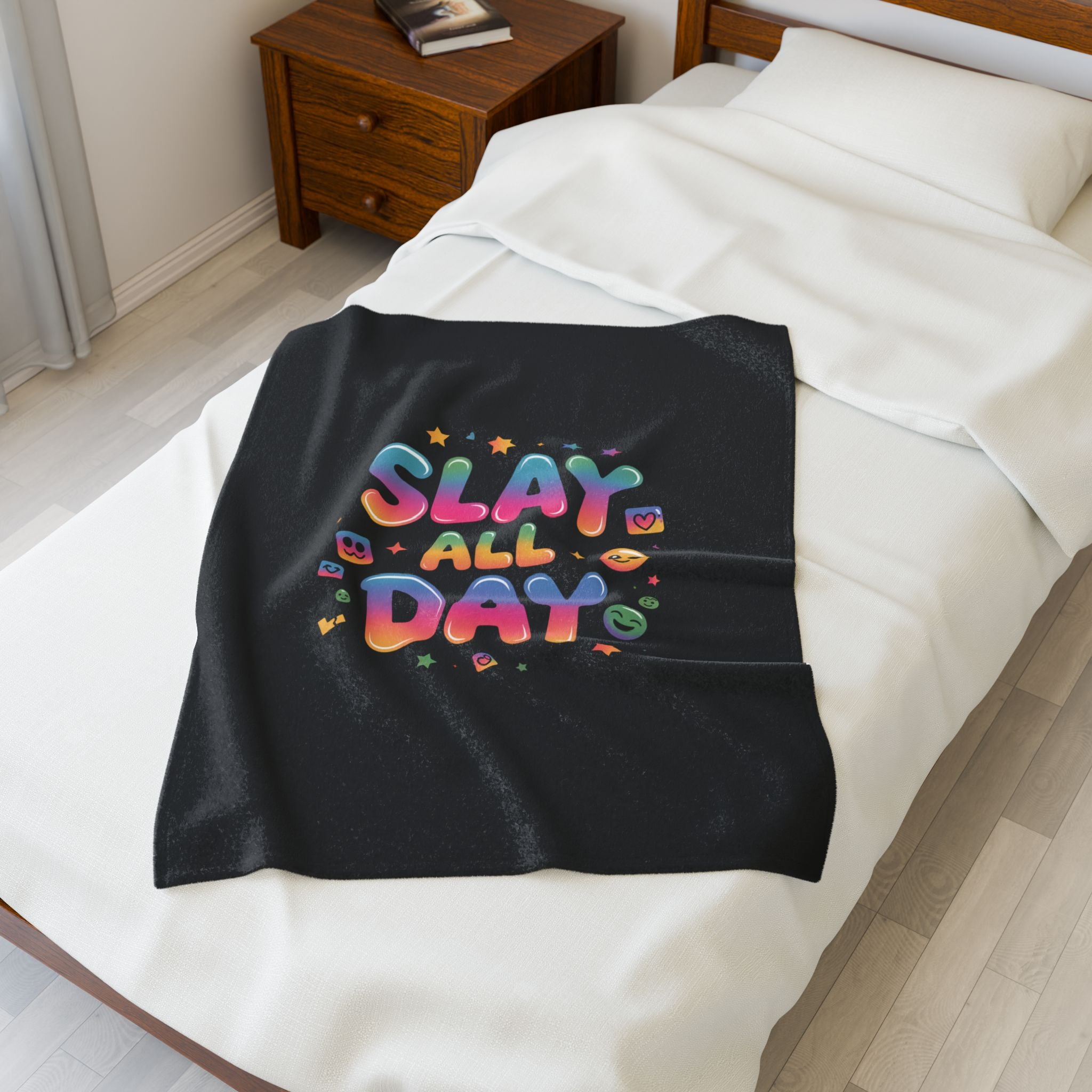 Slay All Day Velveteen Blanket | Gen-Z Slang, Bold Rainbow Text