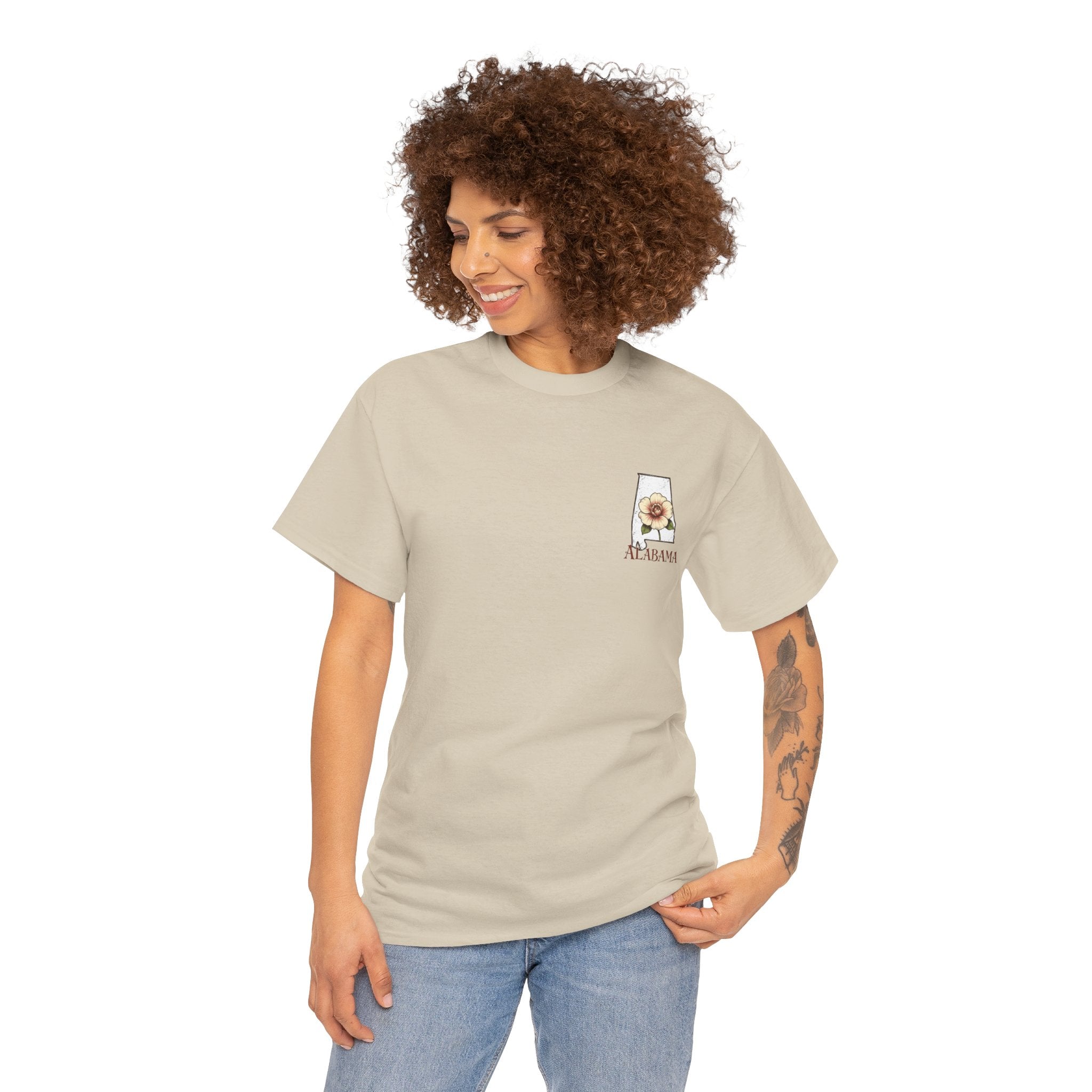 Alabama State Tee with Camellia Floral Design — Alabama Outline & State Flower Shirt