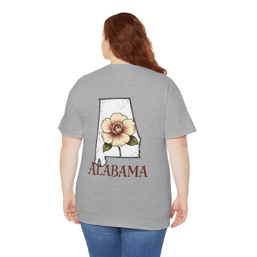 Alabama State Tee with Camellia Floral Design — Alabama Outline & State Flower Shirt