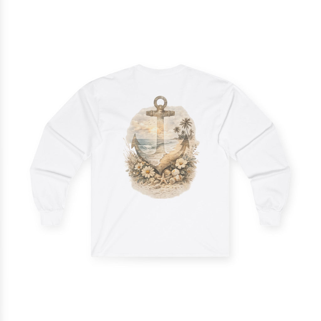 Anchor Beach Scene Long Sleeve Tee — Vintage Nautical Anchor & Sunset Graphic