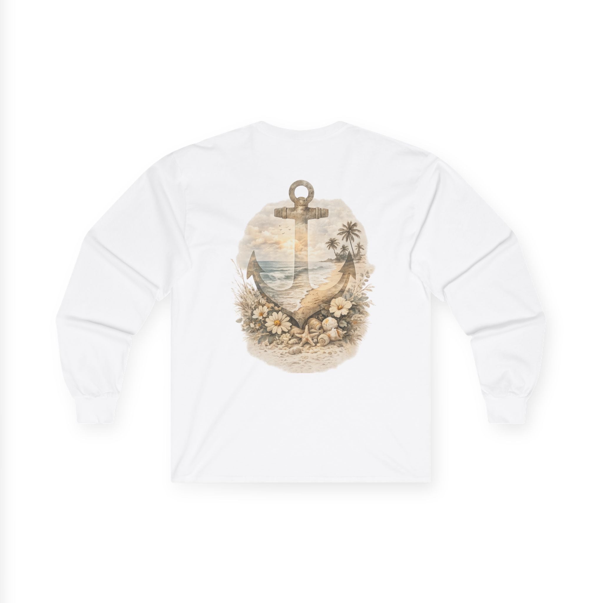 Anchor Beach Scene Long Sleeve Tee — Vintage Nautical Anchor & Sunset Graphic