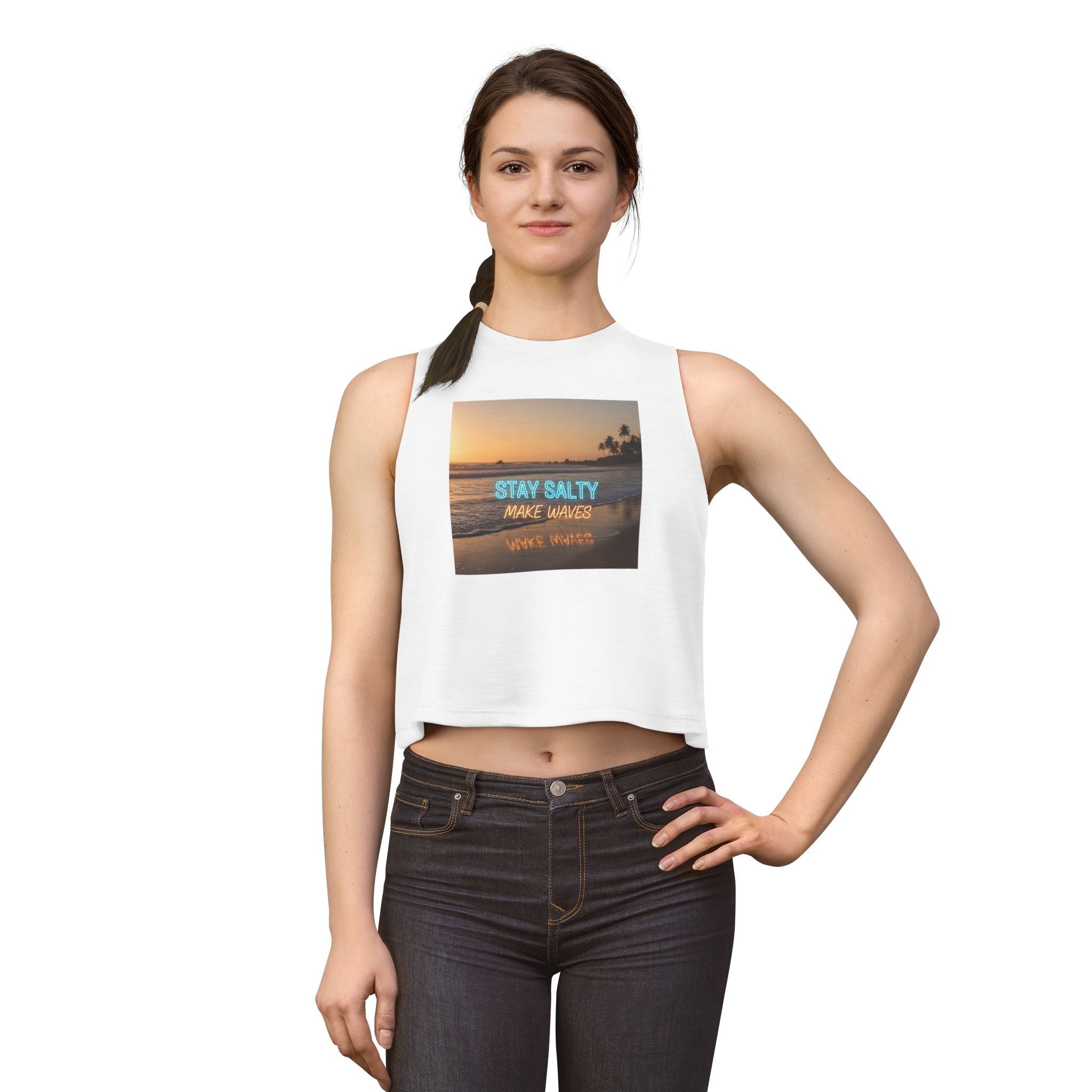 Stay Salty Crop Top — Beach Sunset Tank with "Stay Salty Make Waves" Graphic