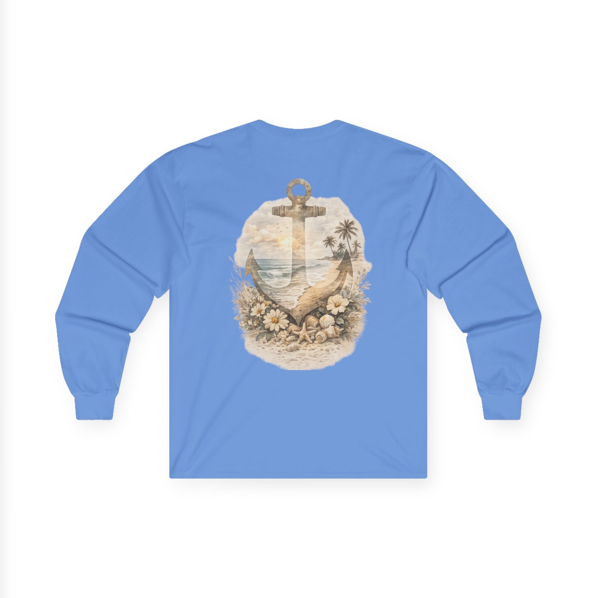 Anchor Beach Scene Long Sleeve Tee — Vintage Nautical Anchor & Sunset Graphic