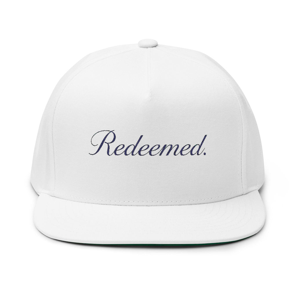 Redeemed Embroidered Flat Bill Cap — White Christian Baseball Hat