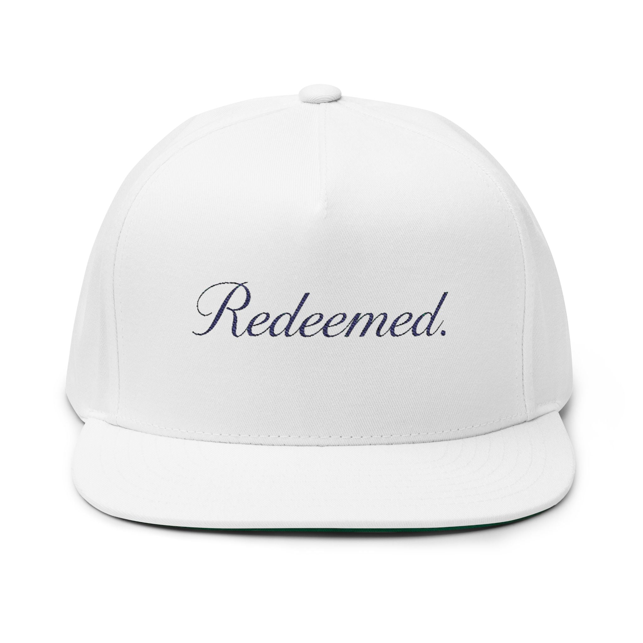 Redeemed Embroidered Flat Bill Cap — White Christian Baseball Hat
