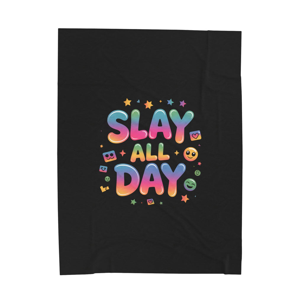 Slay All Day Velveteen Blanket | Gen-Z Slang, Bold Rainbow Text