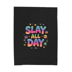Slay All Day Velveteen Blanket | Gen-Z Slang, Bold Rainbow Text