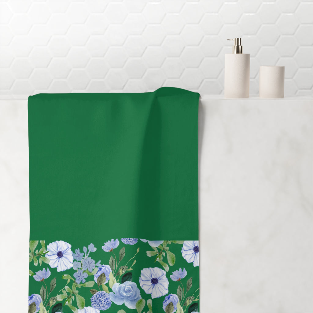 Green Floral Beach Towel — Cotton Mink Blend with Blue & Lavender Bloom Border