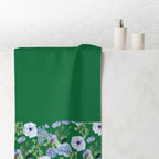 Green Floral Beach Towel — Cotton Mink Blend with Blue & Lavender Bloom Border